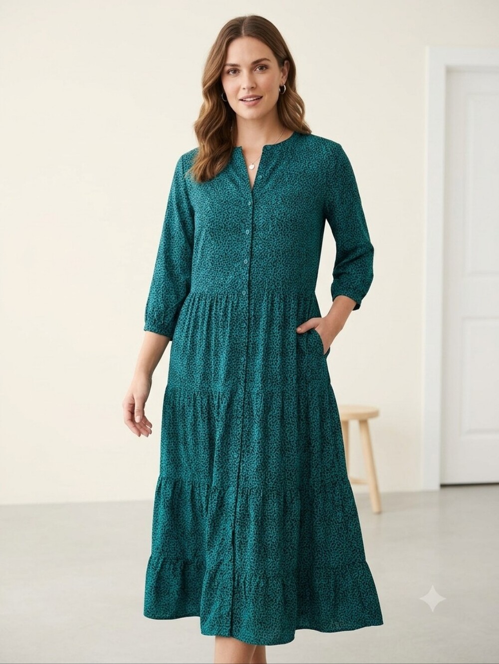Button-Front Teal Tiered Midi Dress